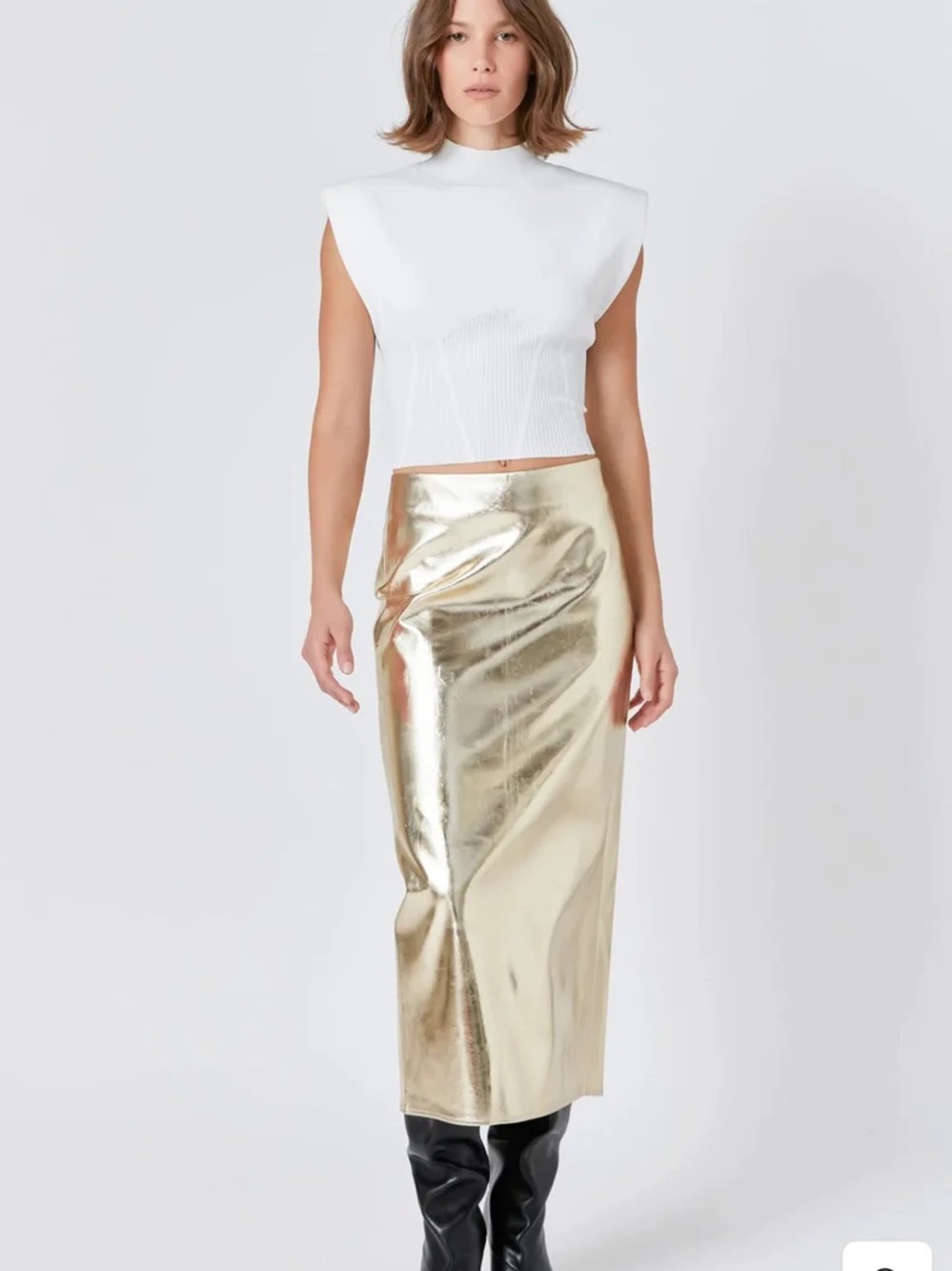 Endless Rose Metallic Gold High-Rise Midi Skirt